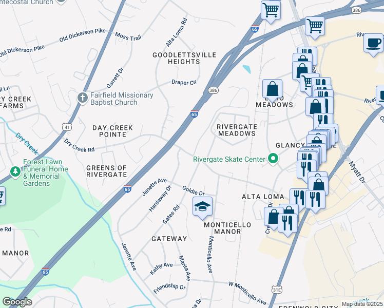 map of restaurants, bars, coffee shops, grocery stores, and more near 604 Alta Loma Road in Goodlettsville