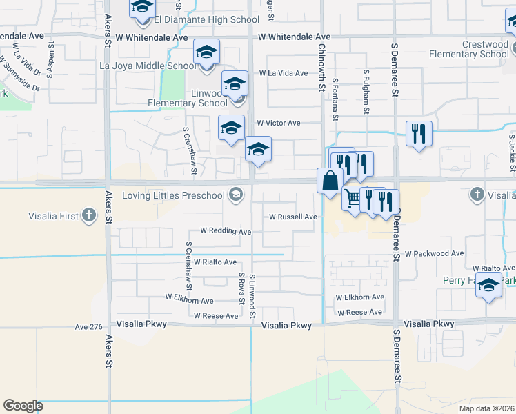 map of restaurants, bars, coffee shops, grocery stores, and more near 3719 South Bollinger Street in Visalia
