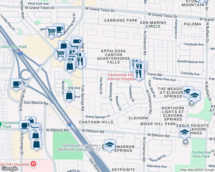 map of restaurants, bars, coffee shops, grocery stores, and more near 7500 Fencerow Street in Las Vegas