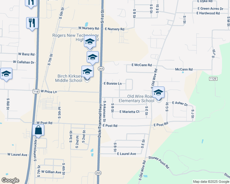 map of restaurants, bars, coffee shops, grocery stores, and more near 302 East Summerwood Court in Rogers