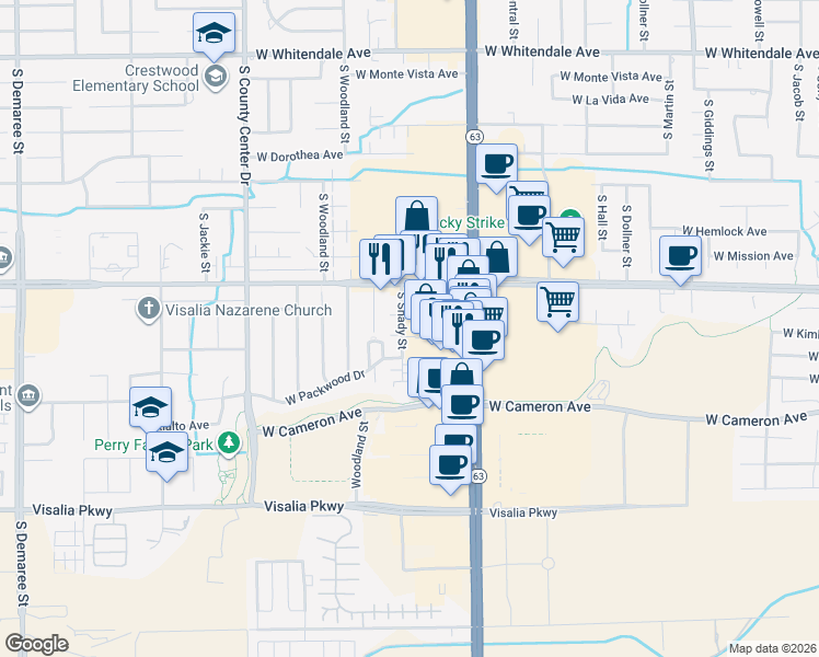 map of restaurants, bars, coffee shops, grocery stores, and more near 3724 South Shady Street in Visalia