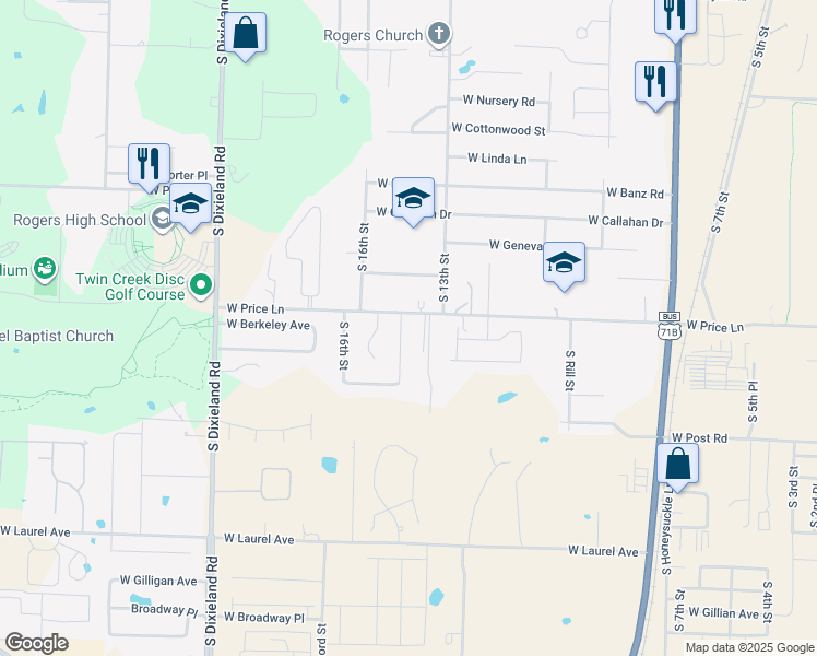 map of restaurants, bars, coffee shops, grocery stores, and more near 2405 S 14th St in Rogers