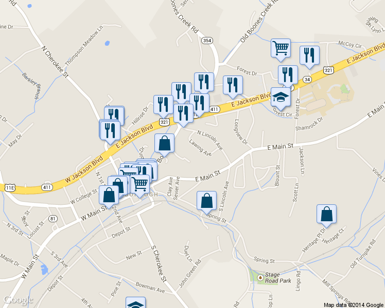 map of restaurants, bars, coffee shops, grocery stores, and more near 204 Correll Ln in Jonesborough