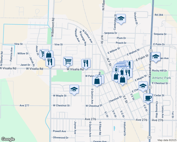 map of restaurants, bars, coffee shops, grocery stores, and more near 420 West Visalia Road in Exeter