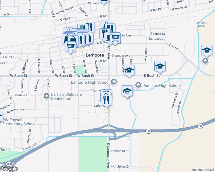 map of restaurants, bars, coffee shops, grocery stores, and more near 105 South 18th Avenue in Lemoore