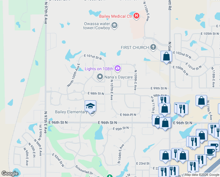 map of restaurants, bars, coffee shops, grocery stores, and more near 9811 North 105th East Avenue in Owasso