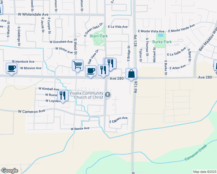 map of restaurants, bars, coffee shops, grocery stores, and more near 3714 South Court Street in Visalia