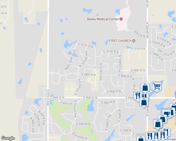 map of restaurants, bars, coffee shops, grocery stores, and more near 10206 East 98th Place North in Owasso