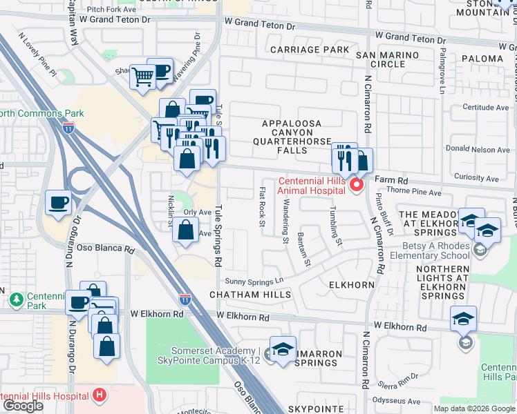 map of restaurants, bars, coffee shops, grocery stores, and more near 7505 Flat Rock Street in Las Vegas