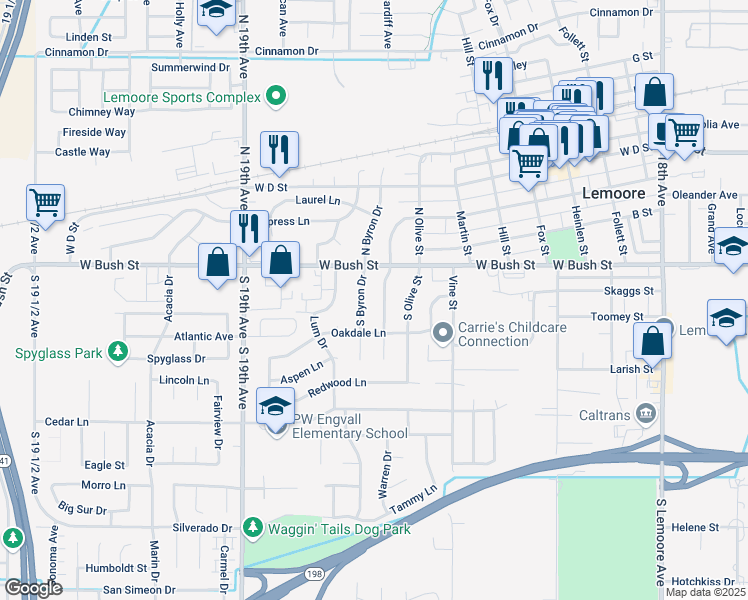map of restaurants, bars, coffee shops, grocery stores, and more near 41 S Cambridge Dr in Lemoore