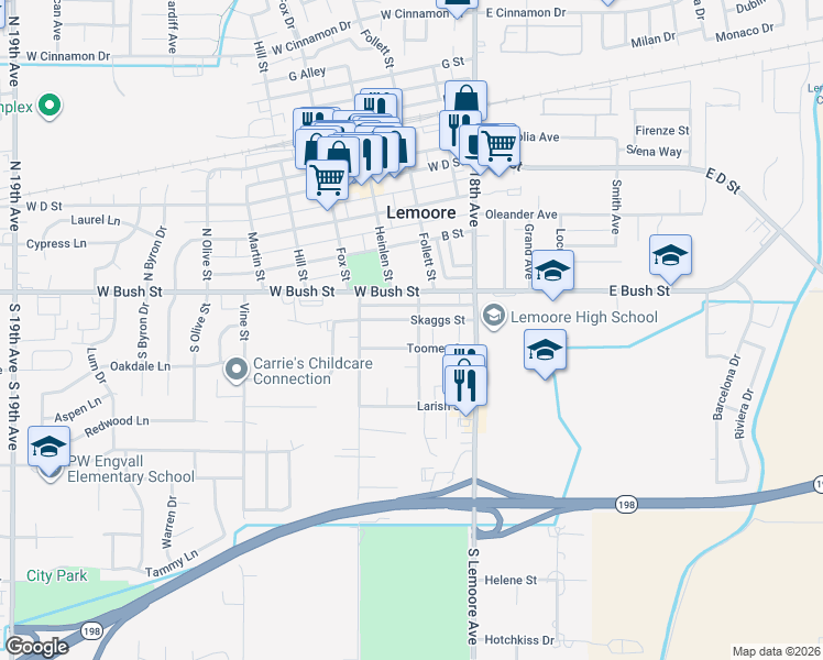 map of restaurants, bars, coffee shops, grocery stores, and more near 274 Toomey Street in Lemoore