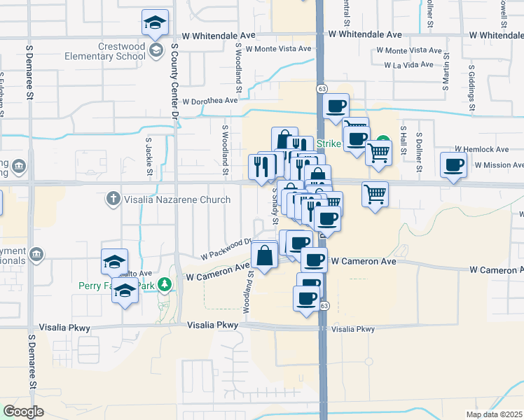 map of restaurants, bars, coffee shops, grocery stores, and more near 3726 S Sallee Ct in Visalia
