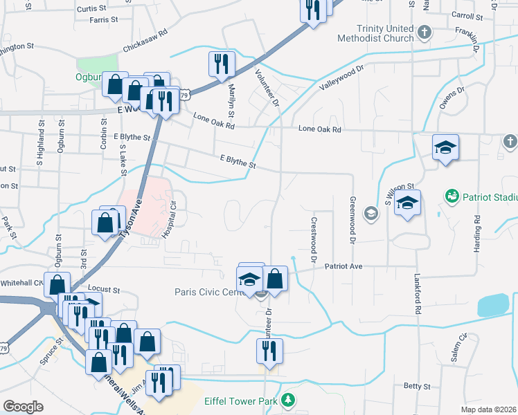 map of restaurants, bars, coffee shops, grocery stores, and more near 305 Paris Harbor Drive in Paris