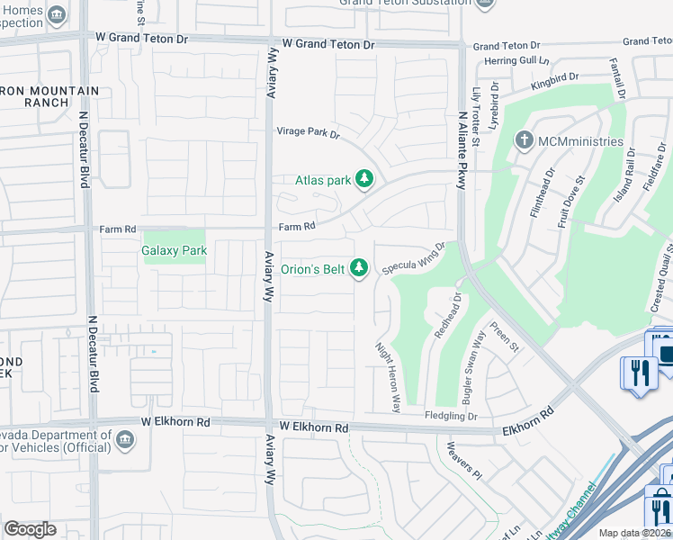 map of restaurants, bars, coffee shops, grocery stores, and more near 7509 Java Sparrow Street in North Las Vegas