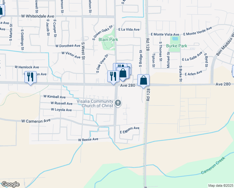 map of restaurants, bars, coffee shops, grocery stores, and more near 3714 S Court St in Visalia