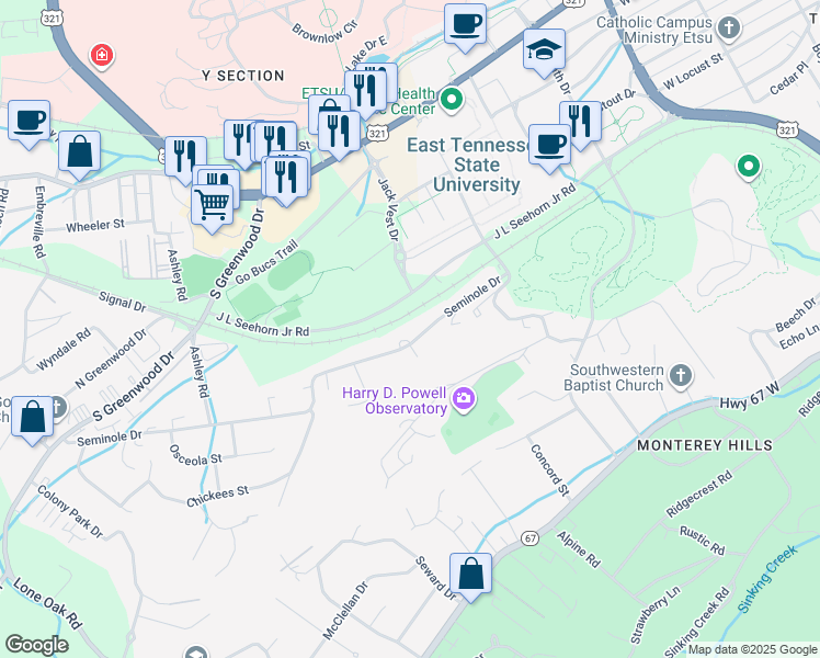 map of restaurants, bars, coffee shops, grocery stores, and more near 1216 Seminole Drive in Johnson City