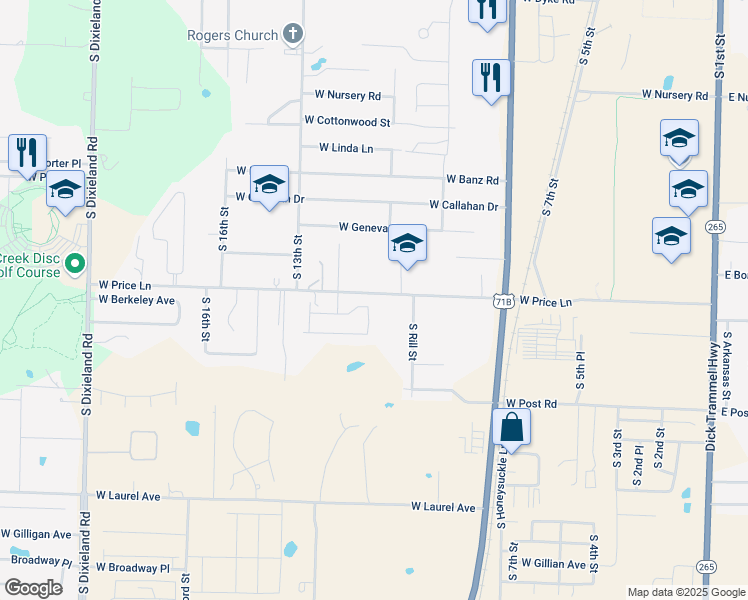 map of restaurants, bars, coffee shops, grocery stores, and more near 1101 West Berkeley Avenue in Rogers