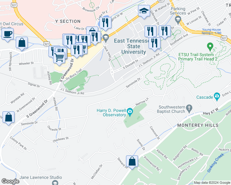 map of restaurants, bars, coffee shops, grocery stores, and more near 1216 Seminole Drive in Johnson City