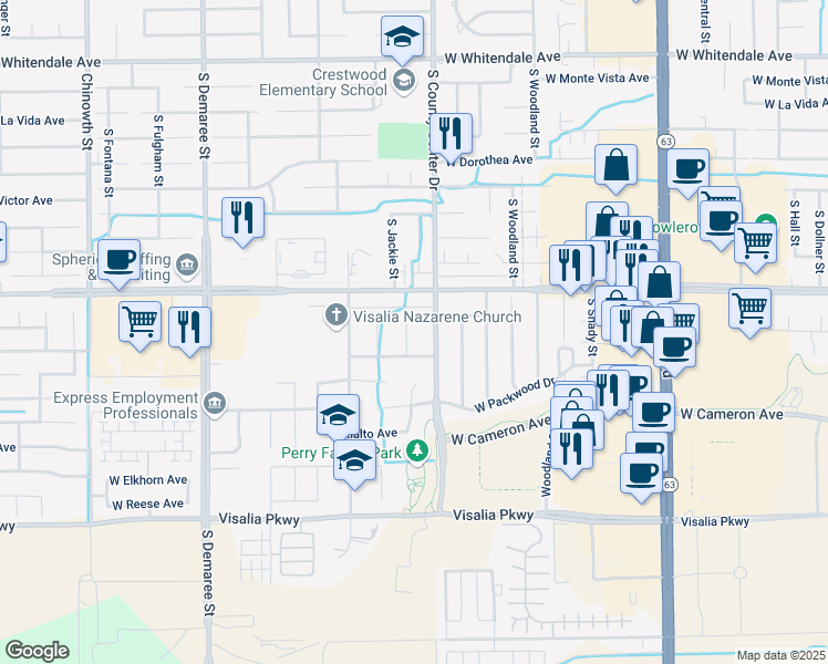 map of restaurants, bars, coffee shops, grocery stores, and more near 3720 South Mountain Court in Visalia