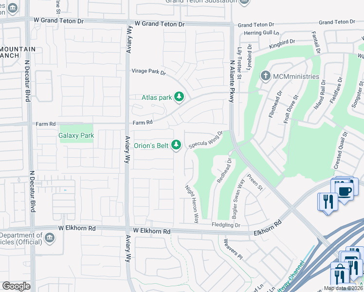 map of restaurants, bars, coffee shops, grocery stores, and more near 7509 Java Sparrow Street in North Las Vegas