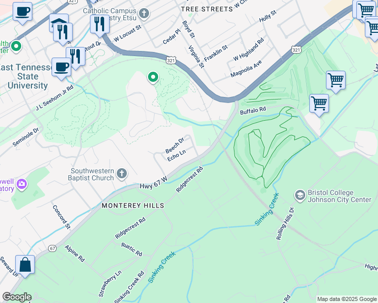 map of restaurants, bars, coffee shops, grocery stores, and more near 902 Echo Lane in Johnson City