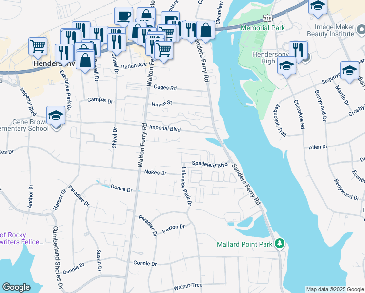 map of restaurants, bars, coffee shops, grocery stores, and more near 162 Cattail Lane in Hendersonville