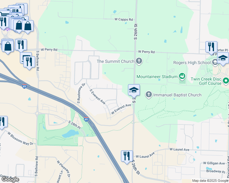 map of restaurants, bars, coffee shops, grocery stores, and more near 2702 West Kilimanjaro Way in Rogers