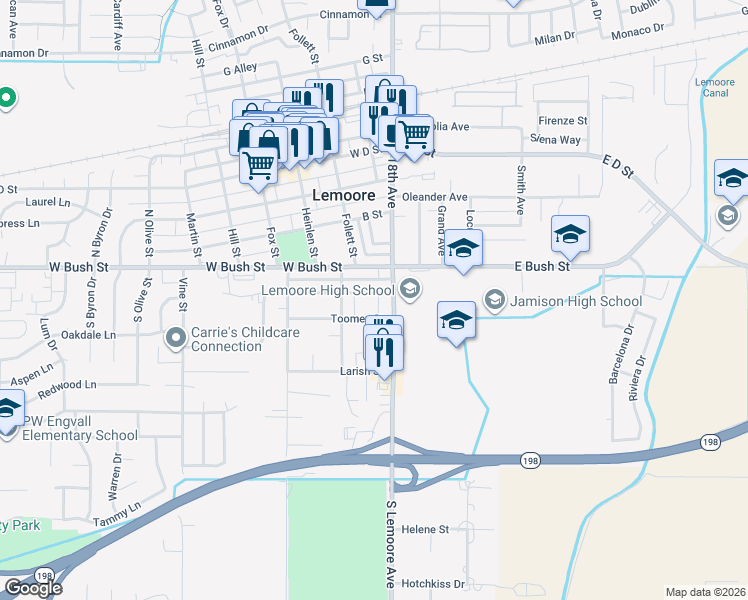map of restaurants, bars, coffee shops, grocery stores, and more near 105 South 18th Avenue in Lemoore