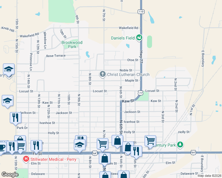 map of restaurants, bars, coffee shops, grocery stores, and more near 611 Locust Street in Perry