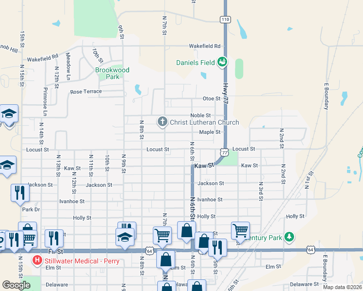 map of restaurants, bars, coffee shops, grocery stores, and more near 611 Locust Street in Perry