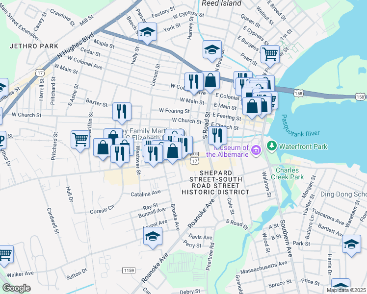 map of restaurants, bars, coffee shops, grocery stores, and more near 401 South Dyer Street in Elizabeth City