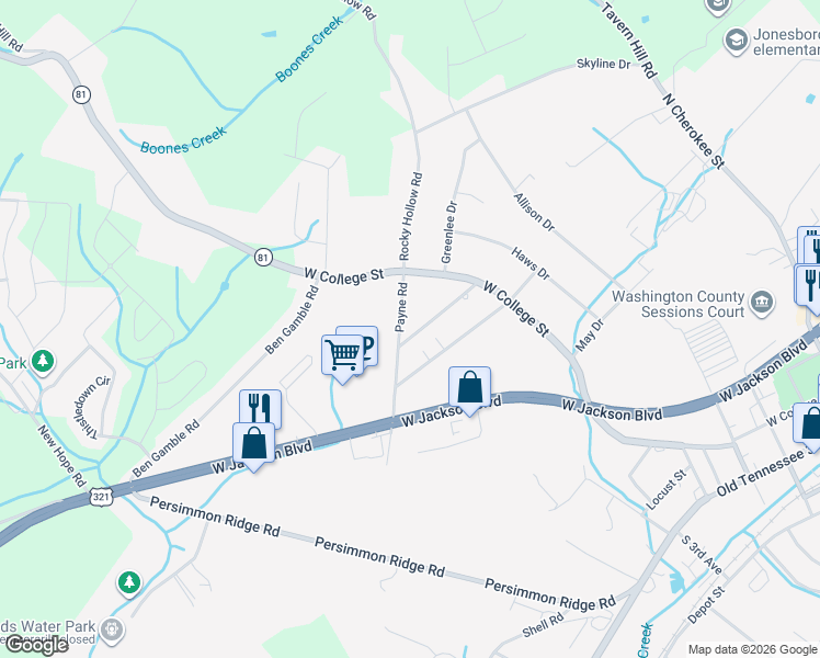 map of restaurants, bars, coffee shops, grocery stores, and more near 1100 Payne Road in Jonesborough