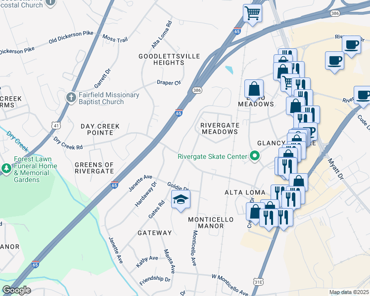map of restaurants, bars, coffee shops, grocery stores, and more near 604 Alta Loma Road in Goodlettsville