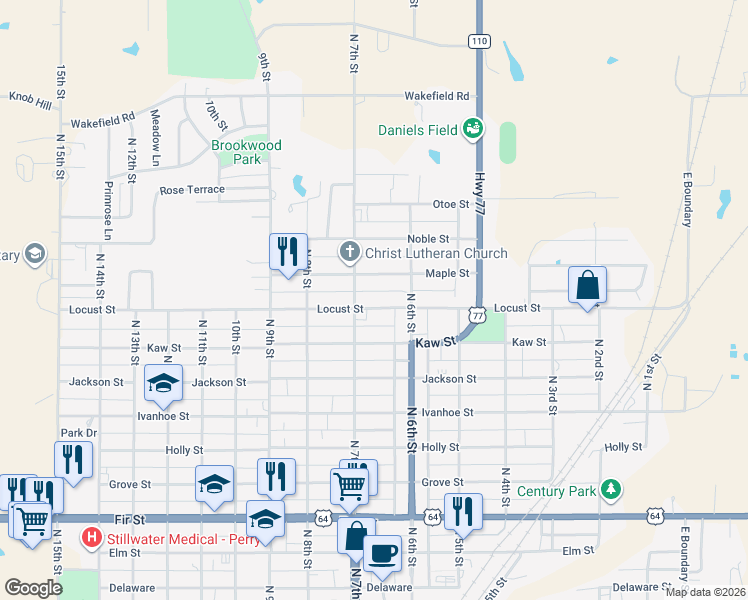 map of restaurants, bars, coffee shops, grocery stores, and more near 611 Locust Street in Perry