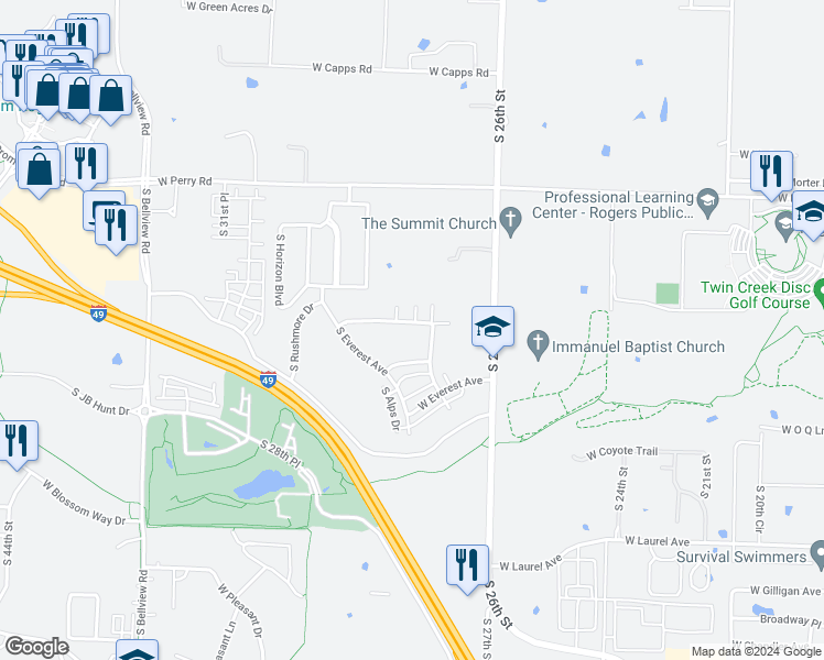 map of restaurants, bars, coffee shops, grocery stores, and more near 2712 West Kilimanjaro Way in Rogers