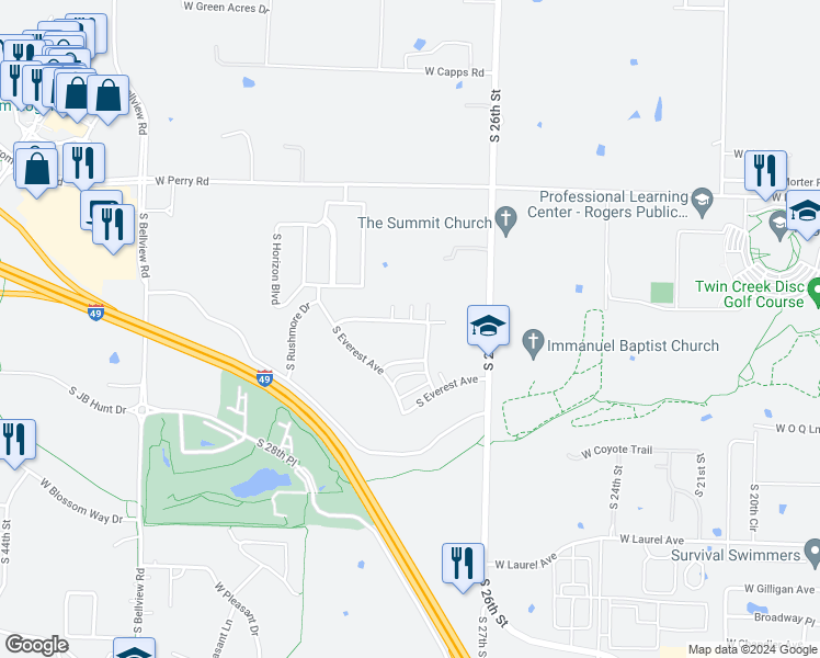 map of restaurants, bars, coffee shops, grocery stores, and more near 2710 West Kilimanjaro Way in Rogers