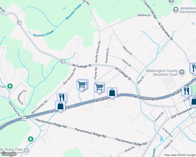map of restaurants, bars, coffee shops, grocery stores, and more near 1100 Payne Road in Jonesborough