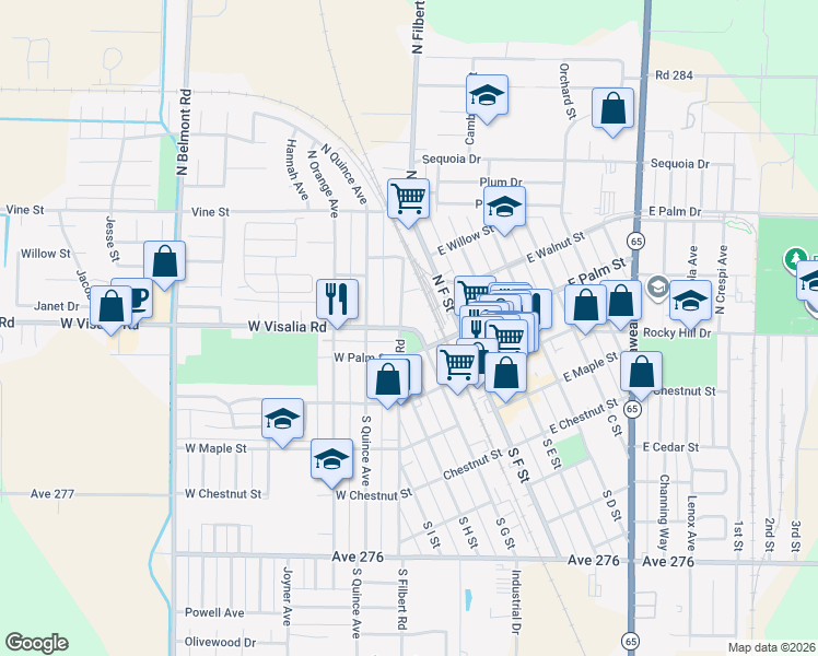 map of restaurants, bars, coffee shops, grocery stores, and more near Visalia Road in Exeter