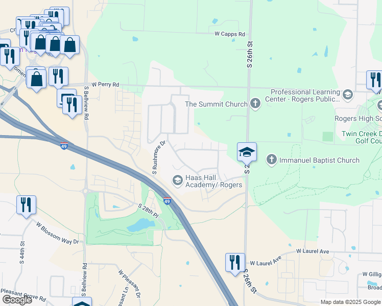 map of restaurants, bars, coffee shops, grocery stores, and more near 2762 West Kilimanjaro Way in Rogers