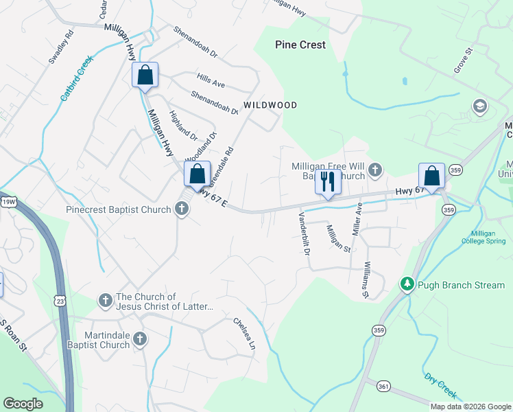 map of restaurants, bars, coffee shops, grocery stores, and more near 1387 Milligan Highway in Johnson City