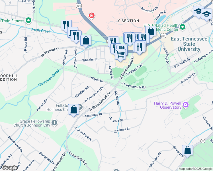 map of restaurants, bars, coffee shops, grocery stores, and more near 2101 Signal Drive in Johnson City