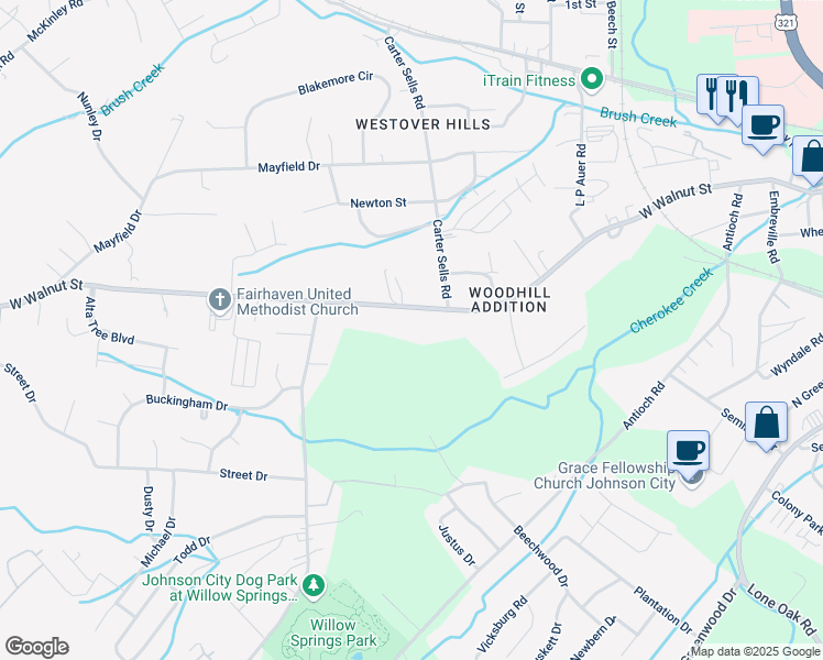 map of restaurants, bars, coffee shops, grocery stores, and more near 2907 West Walnut Street in Johnson City