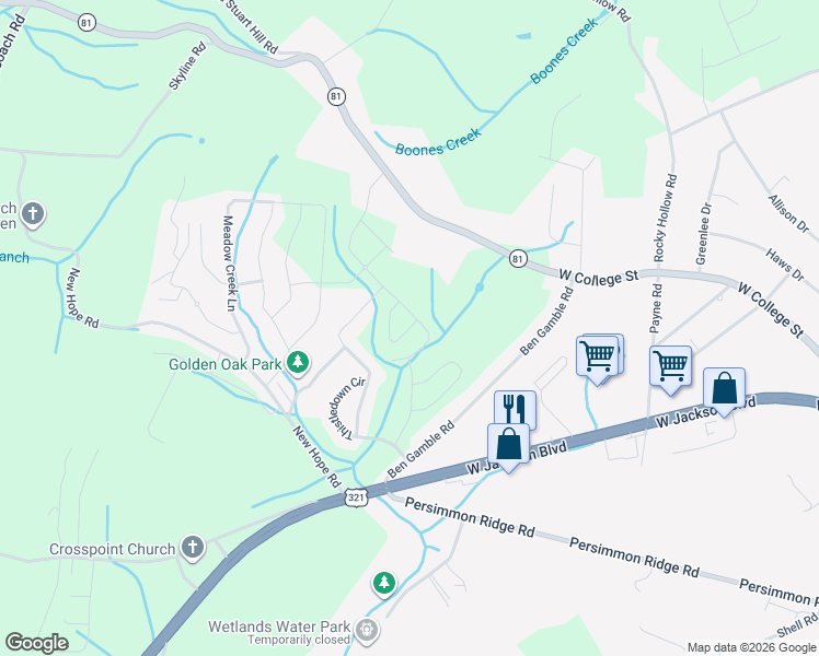 map of restaurants, bars, coffee shops, grocery stores, and more near Millet Loop in Jonesborough