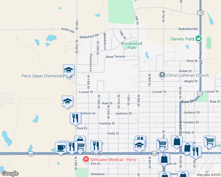 map of restaurants, bars, coffee shops, grocery stores, and more near 1135 Locust Street in Perry