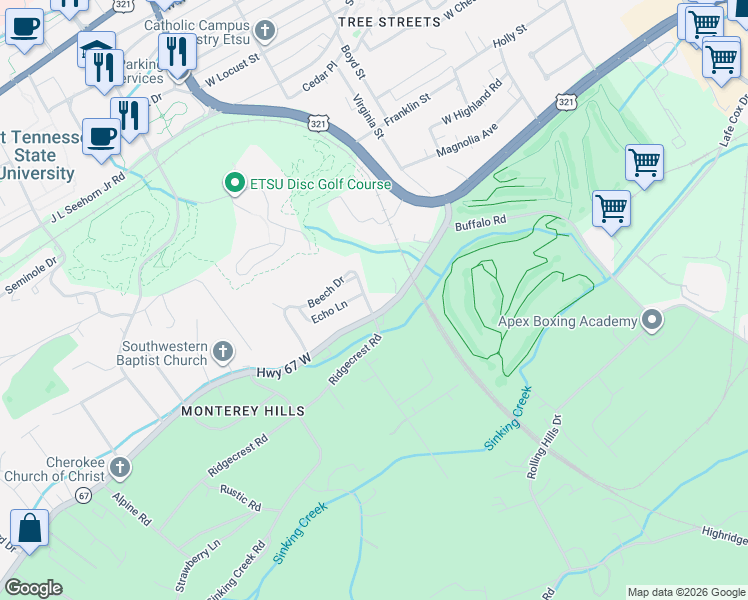map of restaurants, bars, coffee shops, grocery stores, and more near 902 Echo Lane in Johnson City