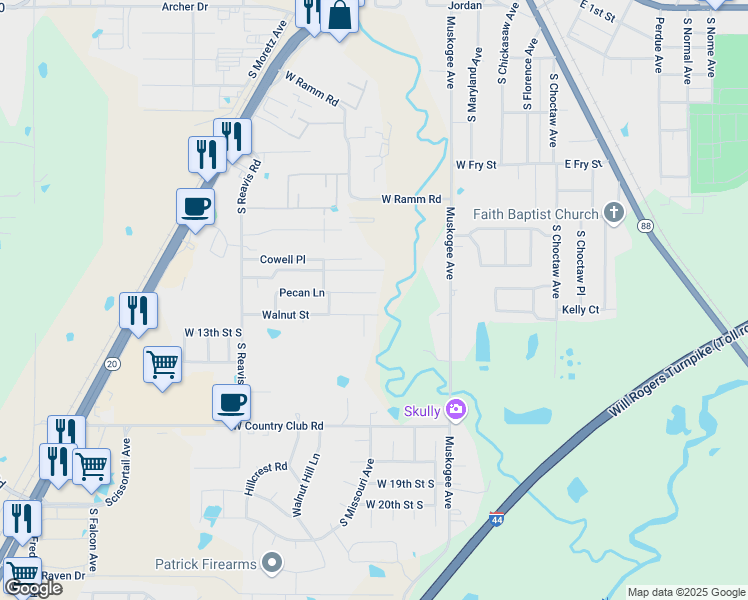 map of restaurants, bars, coffee shops, grocery stores, and more near 902 Walnut Street in Claremore