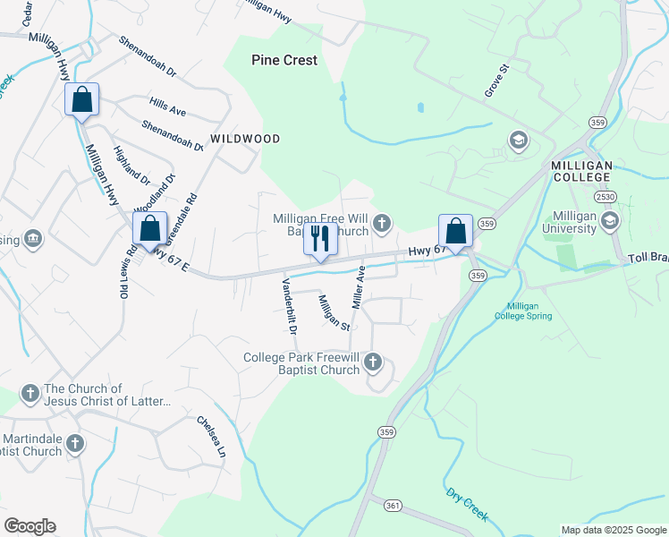 map of restaurants, bars, coffee shops, grocery stores, and more near 1436 Milligan Highway in Johnson City