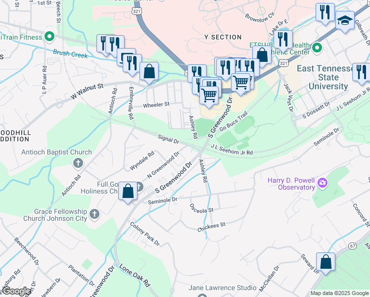 map of restaurants, bars, coffee shops, grocery stores, and more near 2101 Signal Drive in Johnson City