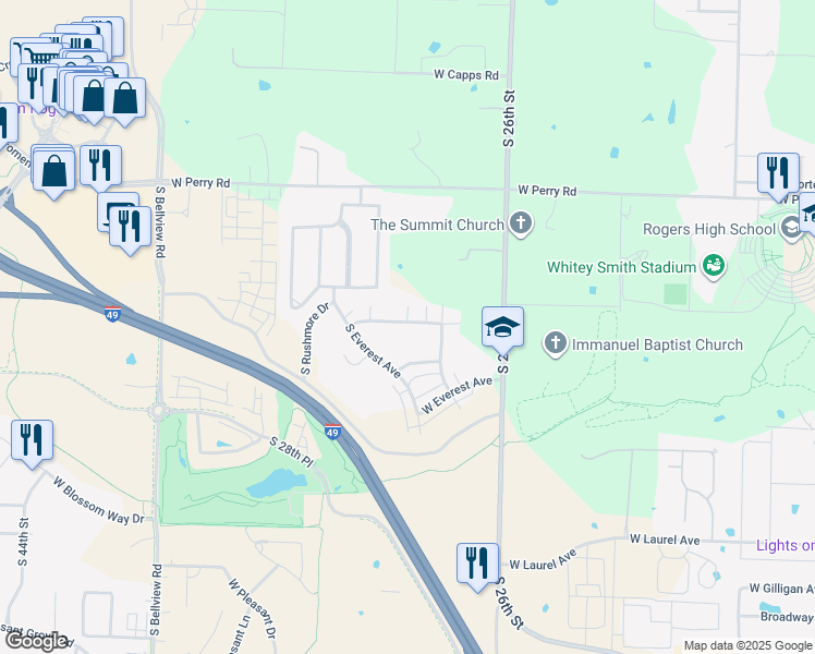 map of restaurants, bars, coffee shops, grocery stores, and more near 2754 West Kilimanjaro Way in Rogers