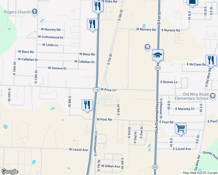 map of restaurants, bars, coffee shops, grocery stores, and more near 2401 South 7th Street in Rogers